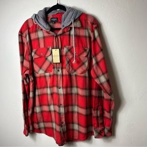 Goberti LARGE Flannel Jacket Shirt Long Sleeve Button Up Red Removable Hoodie